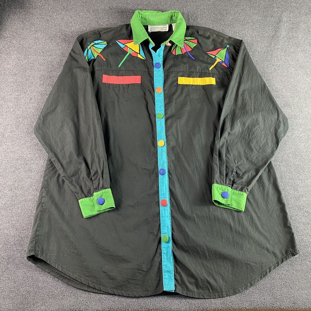 Vintage 90s Westbound Beach Button Up Shirt Medium M Umbrella Sun Embroidered Ar